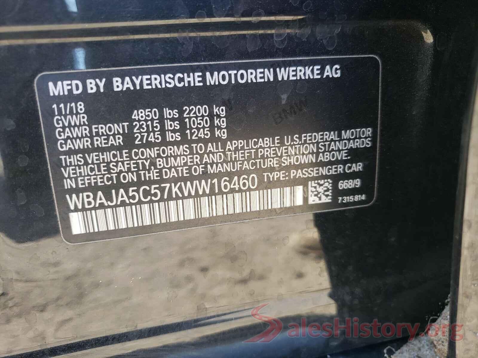 WBAJA5C57KWW16460 2019 BMW 5 SERIES