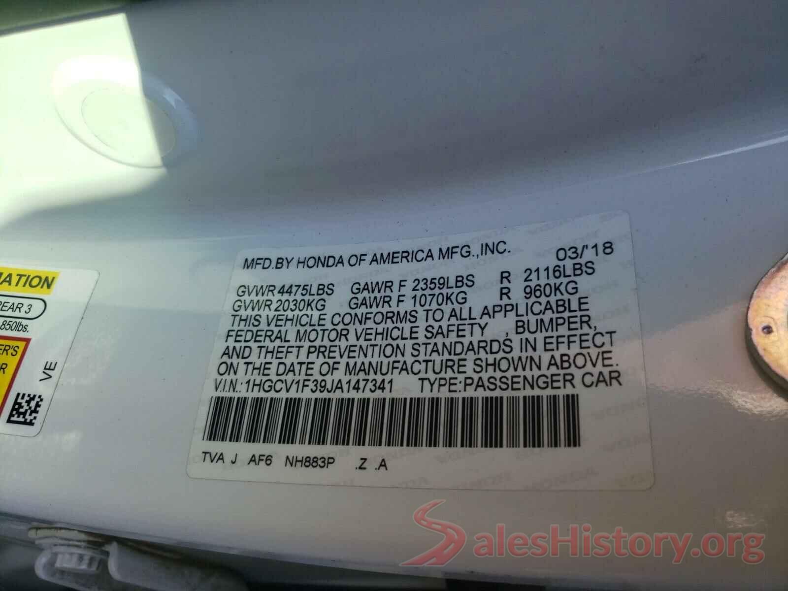 1HGCV1F39JA147341 2018 HONDA ACCORD