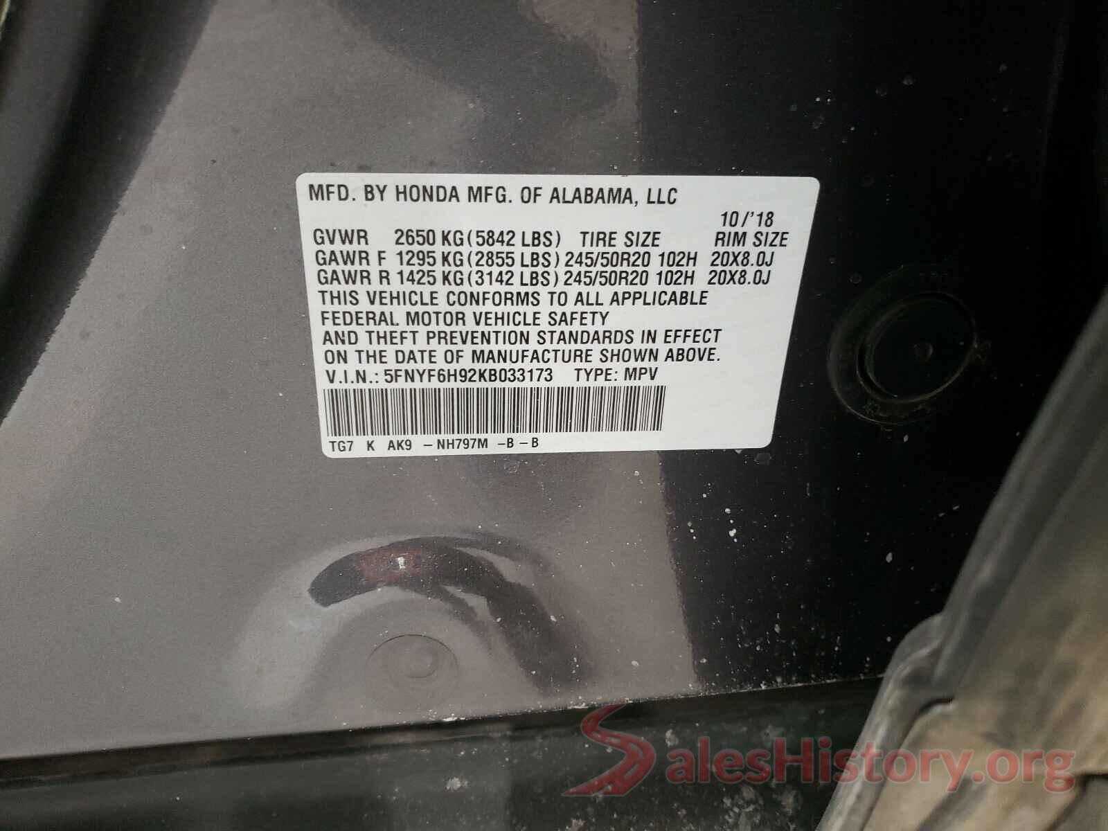 5FNYF6H92KB033173 2019 HONDA PILOT