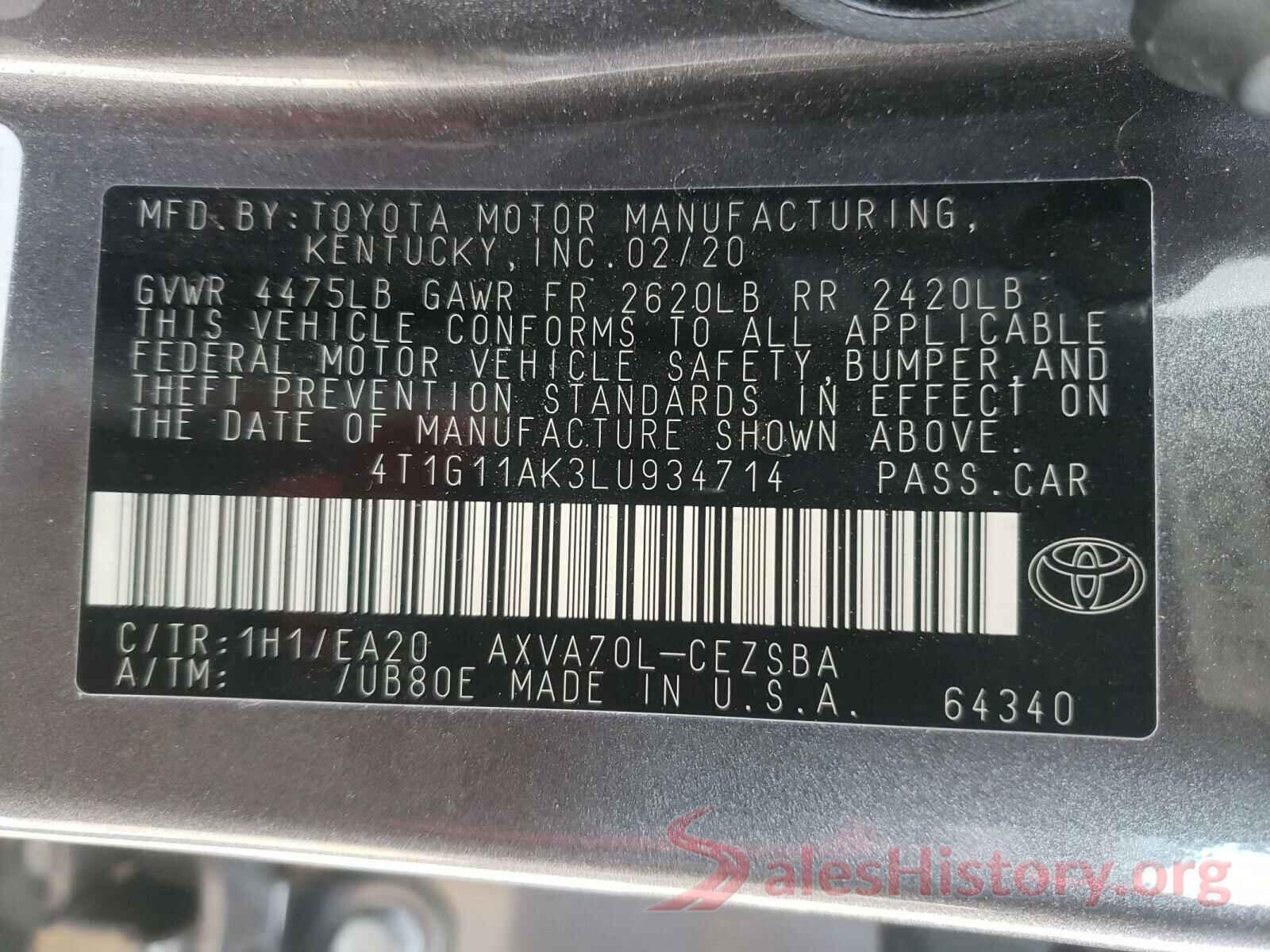 4T1G11AK3LU934714 2020 TOYOTA CAMRY