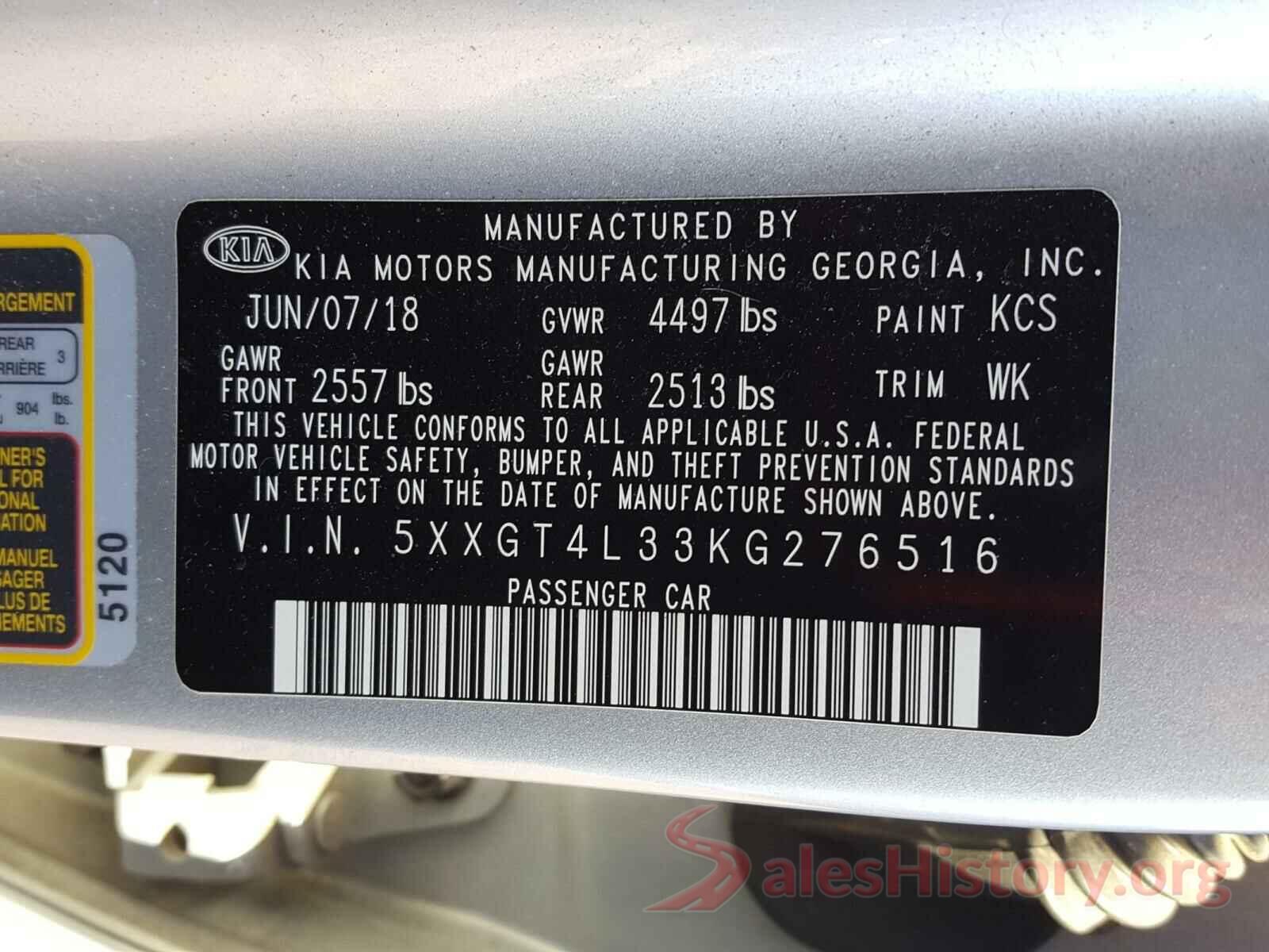 5XXGT4L33KG276516 2019 KIA OPTIMA