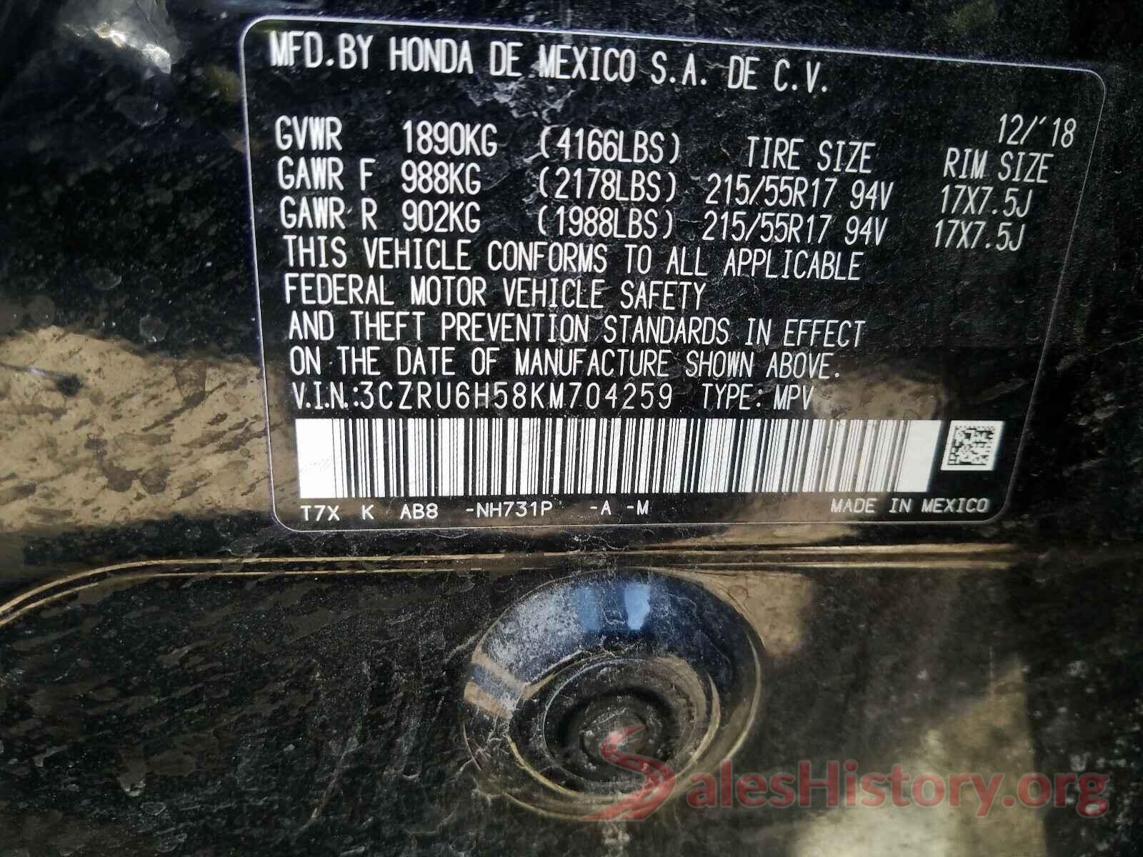 3CZRU6H58KM704259 2019 HONDA HR-V