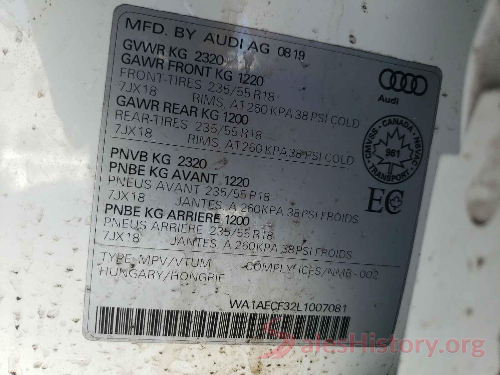 WA1AECF32L1007081 2020 AUDI Q3