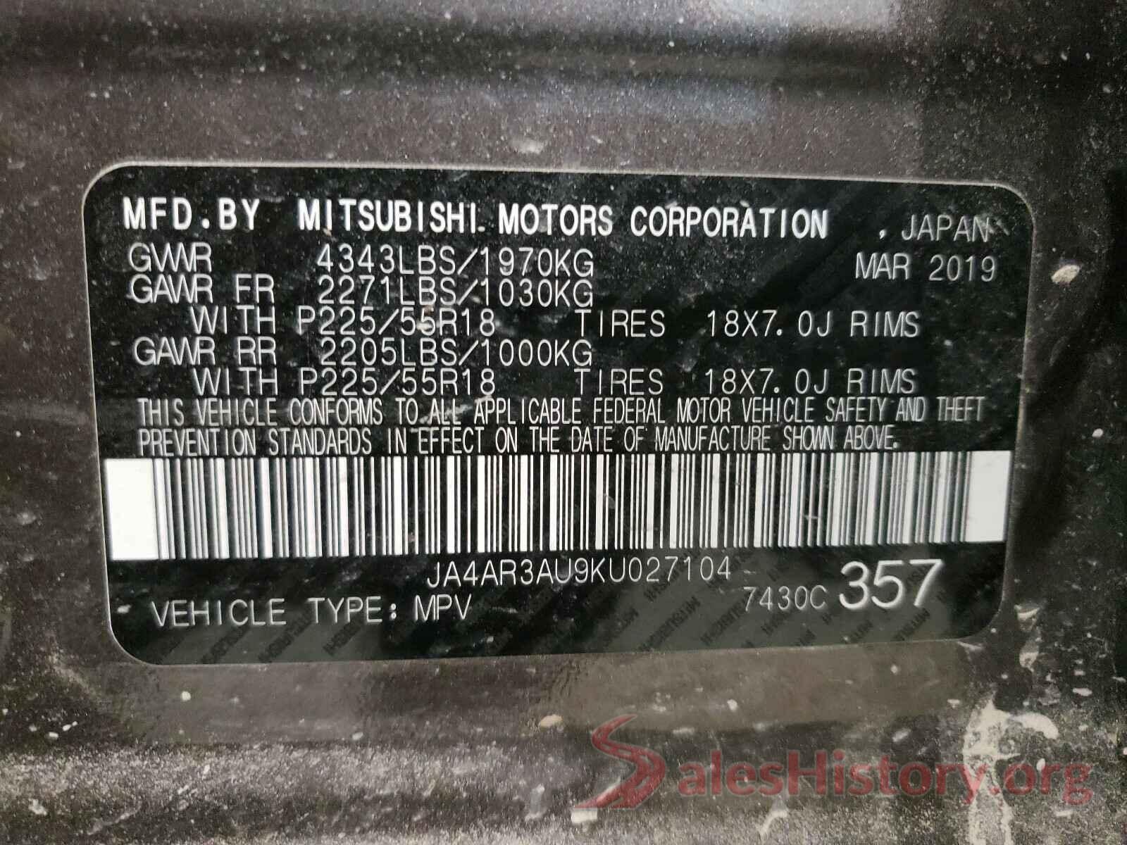 JA4AR3AU9KU027104 2019 MITSUBISHI OUTLANDER