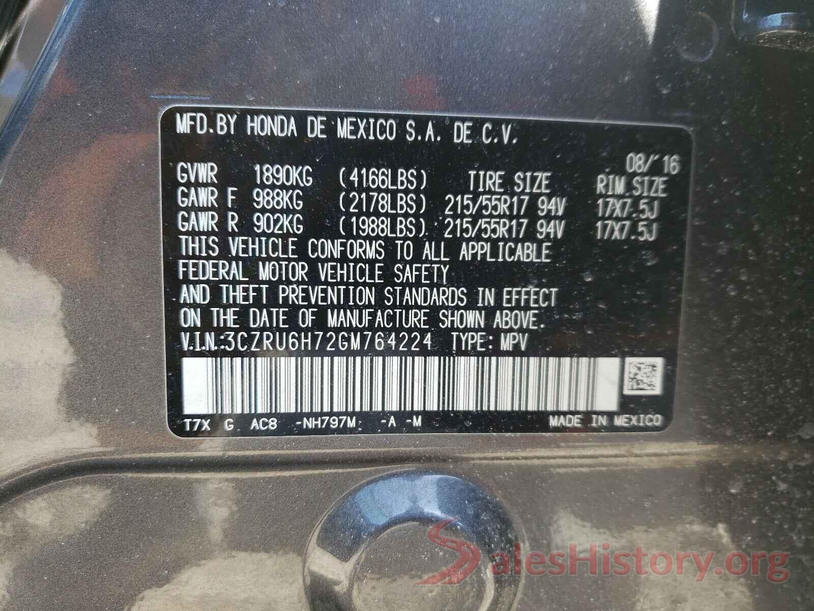 3CZRU6H72GM764224 2016 HONDA HR-V