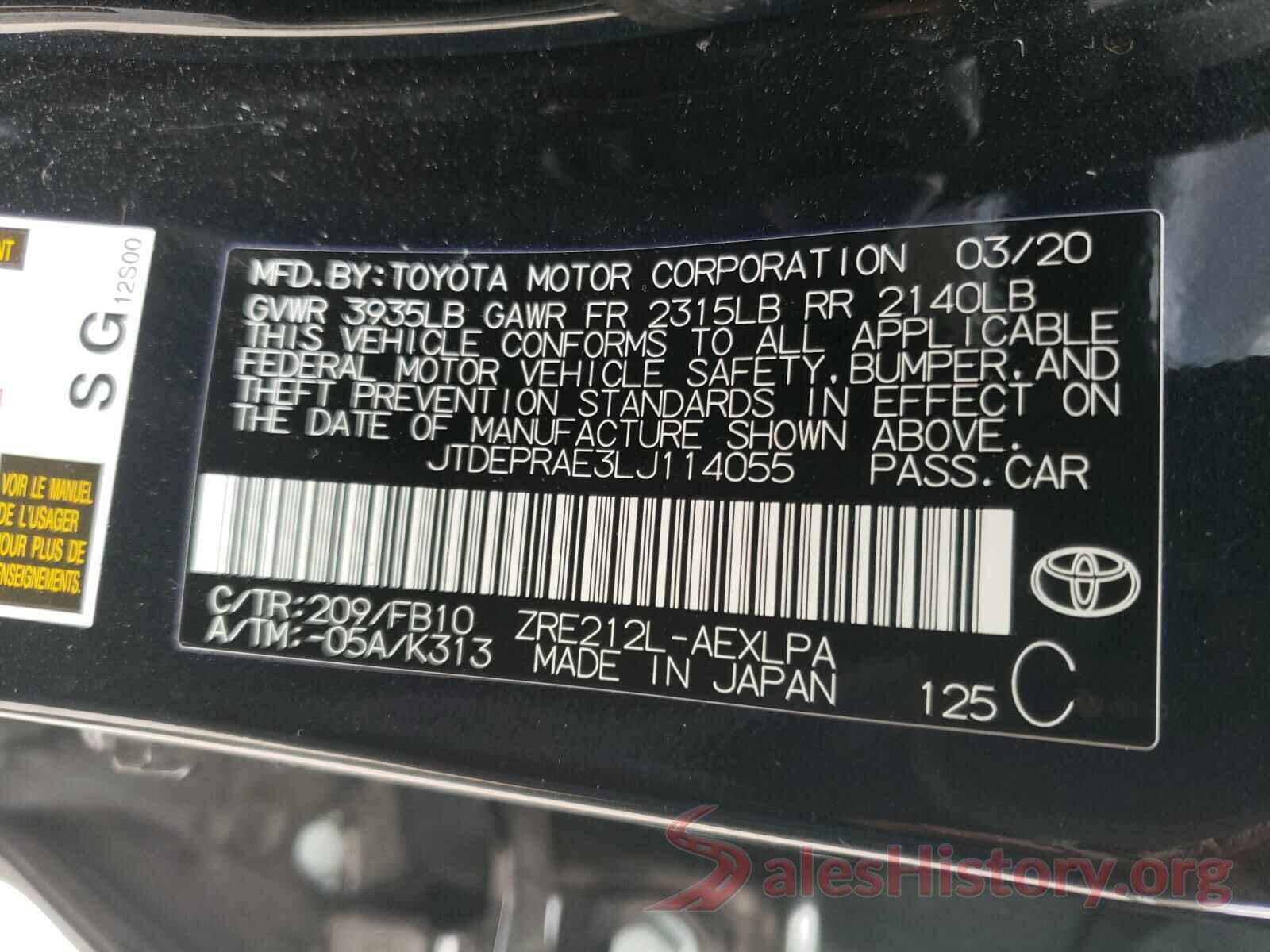 JTDEPRAE3LJ114055 2020 TOYOTA COROLLA