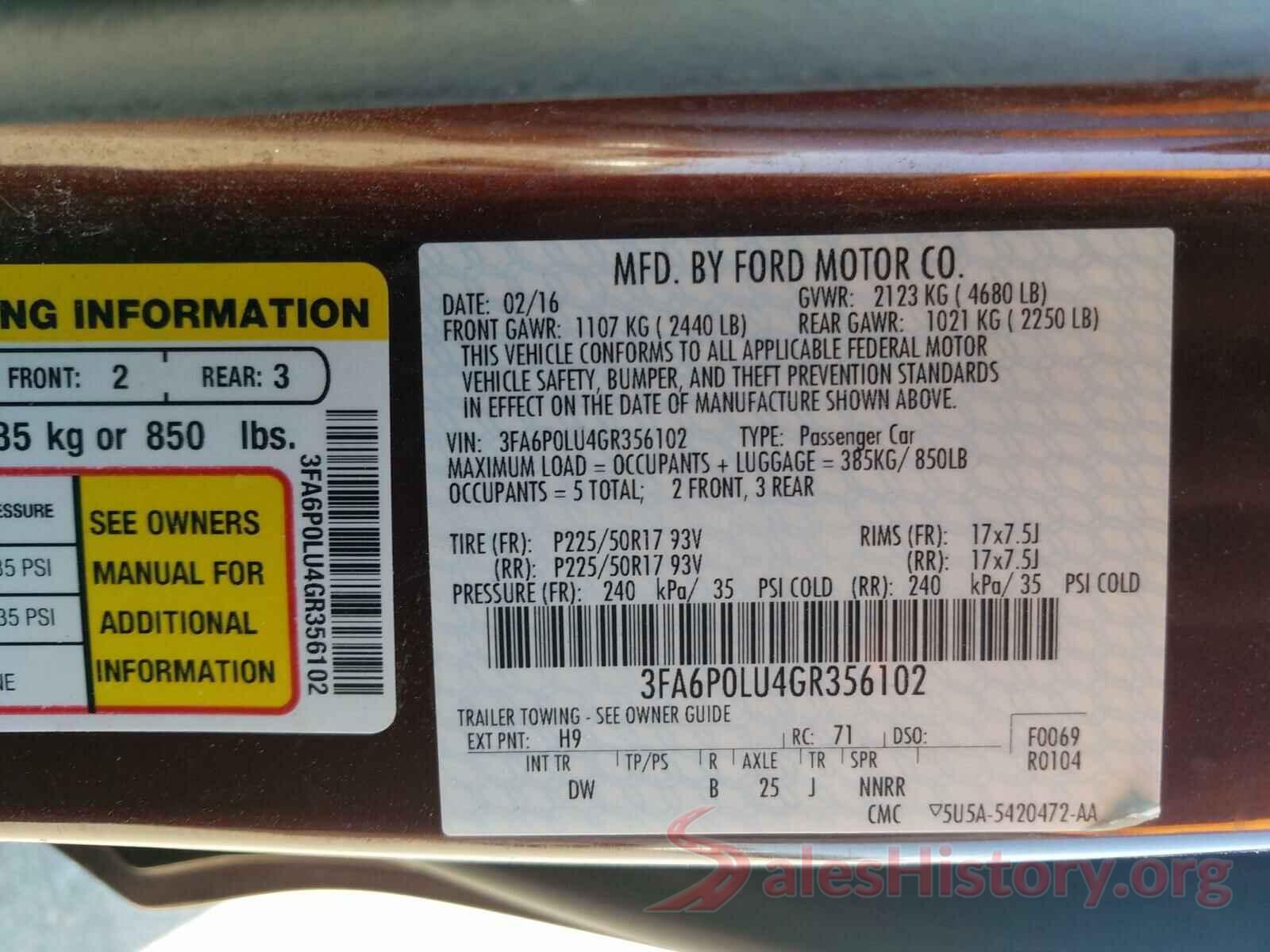 3FA6P0LU4GR356102 2016 FORD FUSION