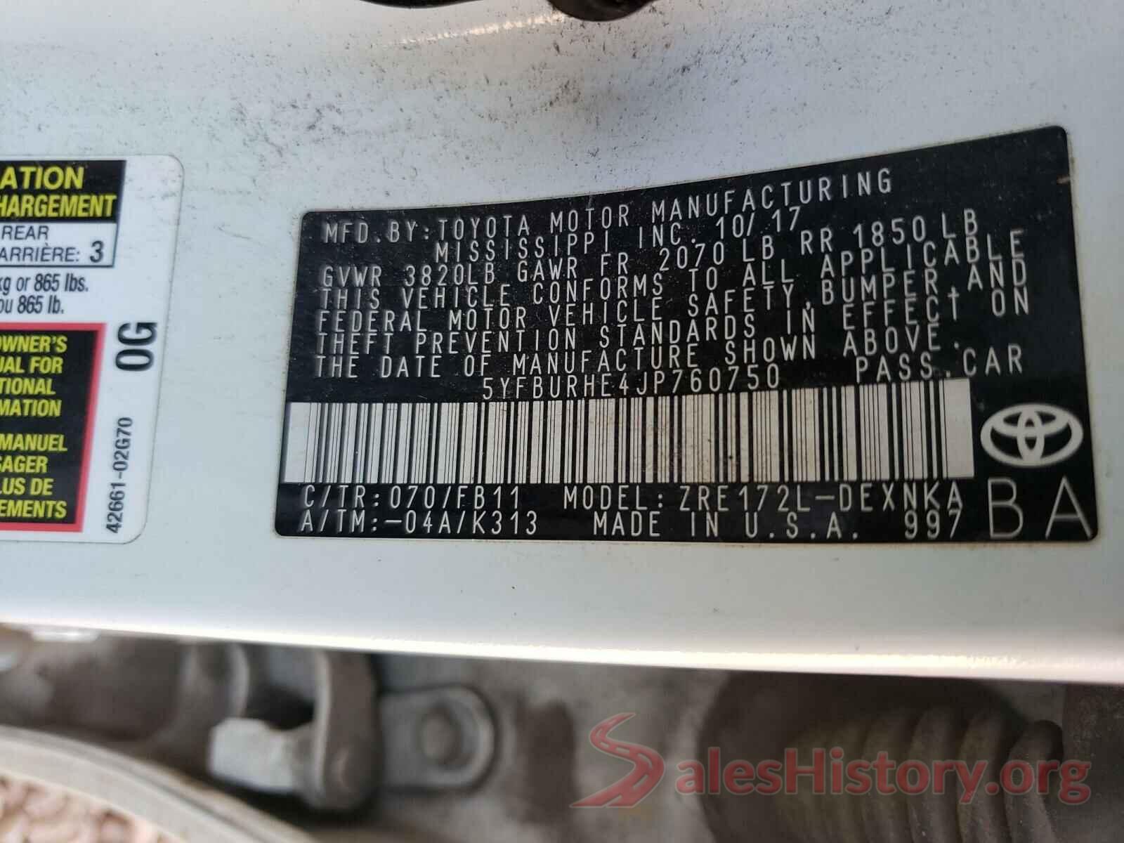 5YFBURHE4JP760750 2018 TOYOTA COROLLA