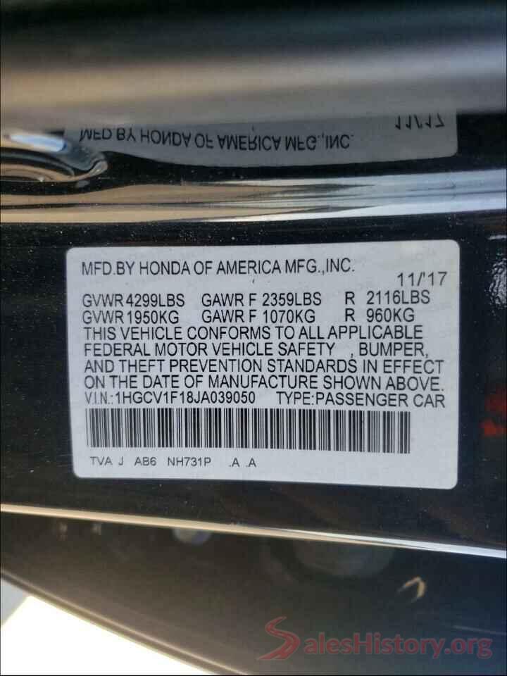 1HGCV1F18JA039050 2018 HONDA ACCORD