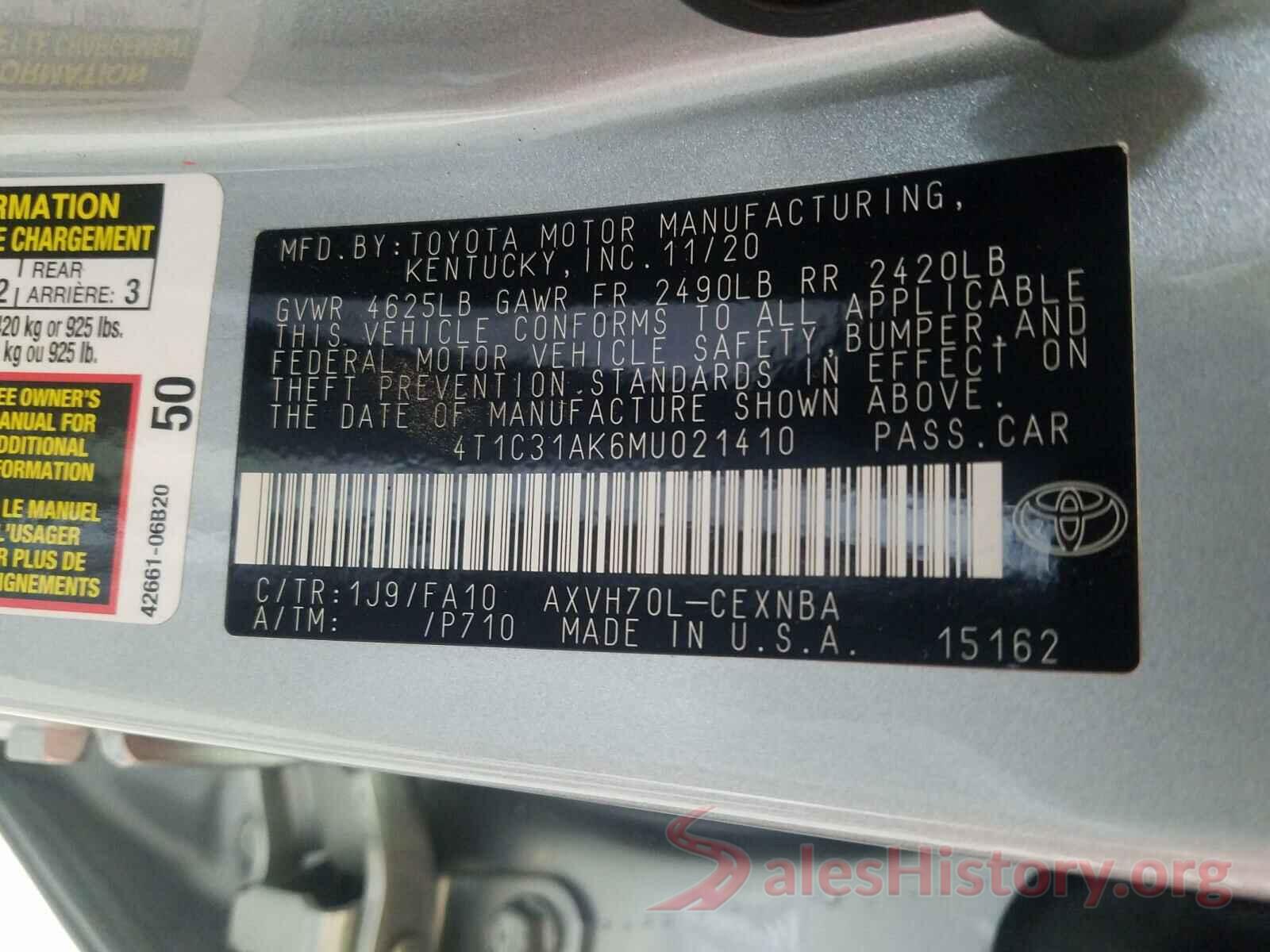 4T1C31AK6MU021410 2021 TOYOTA CAMRY