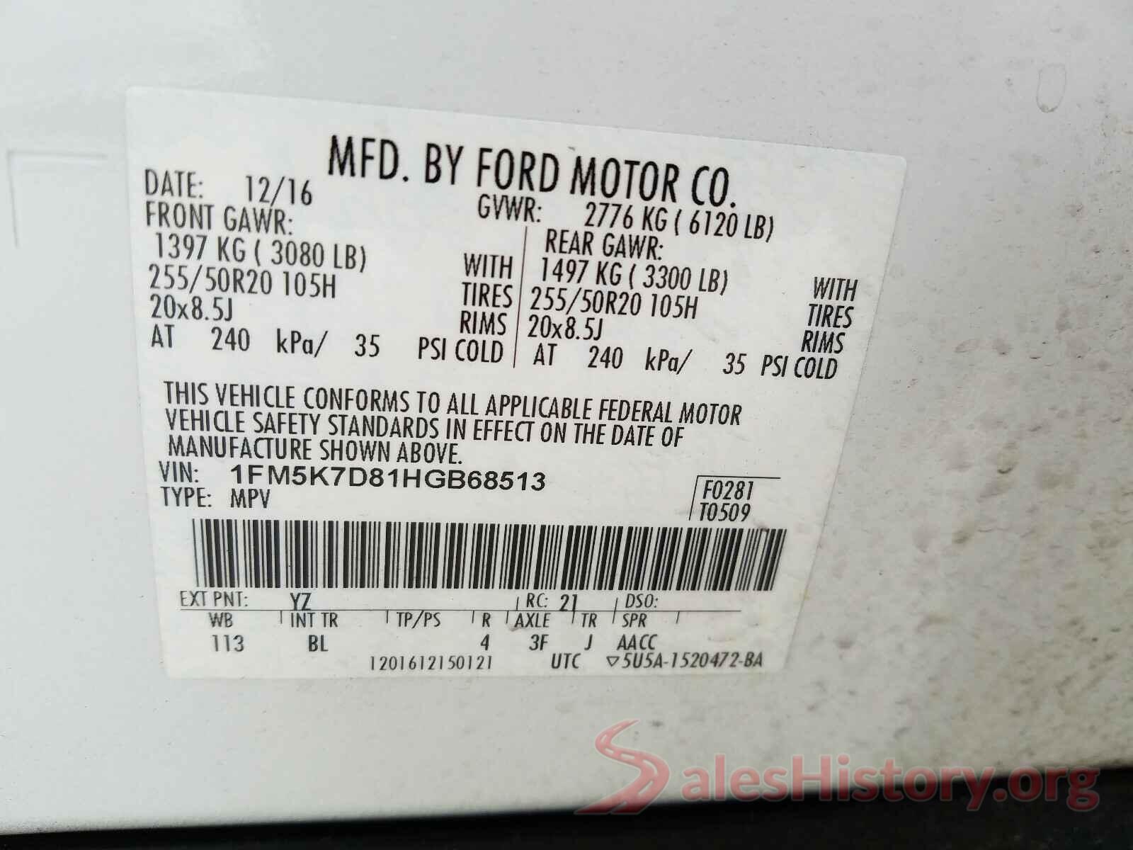 1FM5K7D81HGB68513 2017 FORD EXPLORER