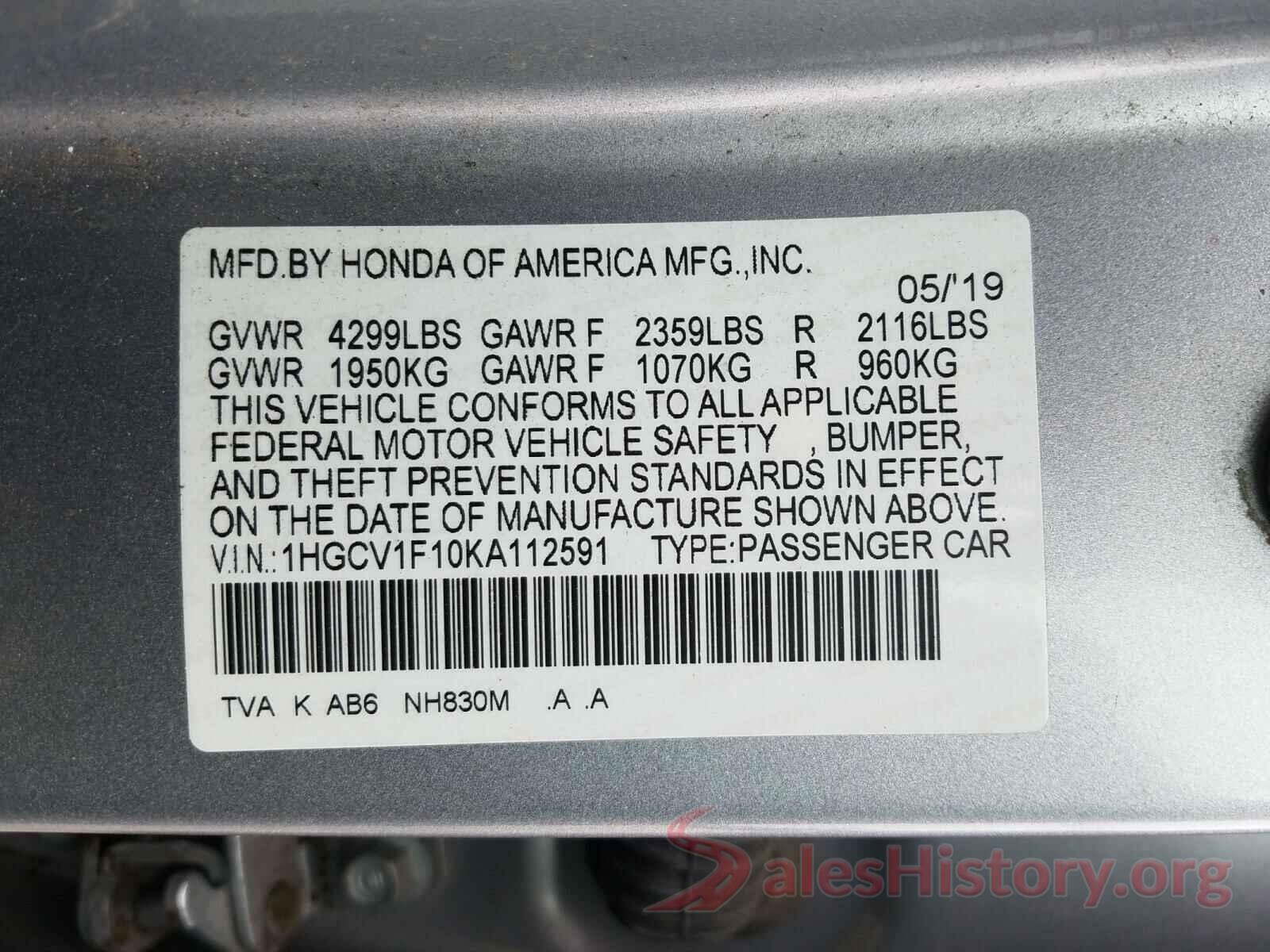 1HGCV1F10KA112591 2019 HONDA ACCORD