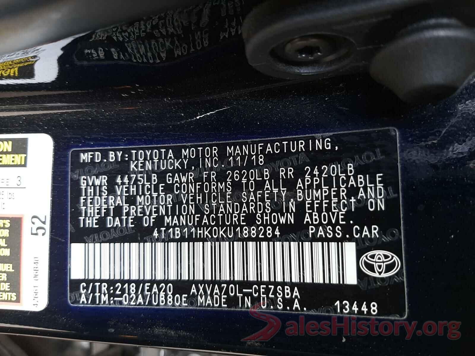 4T1B11HK0KU188284 2019 TOYOTA CAMRY