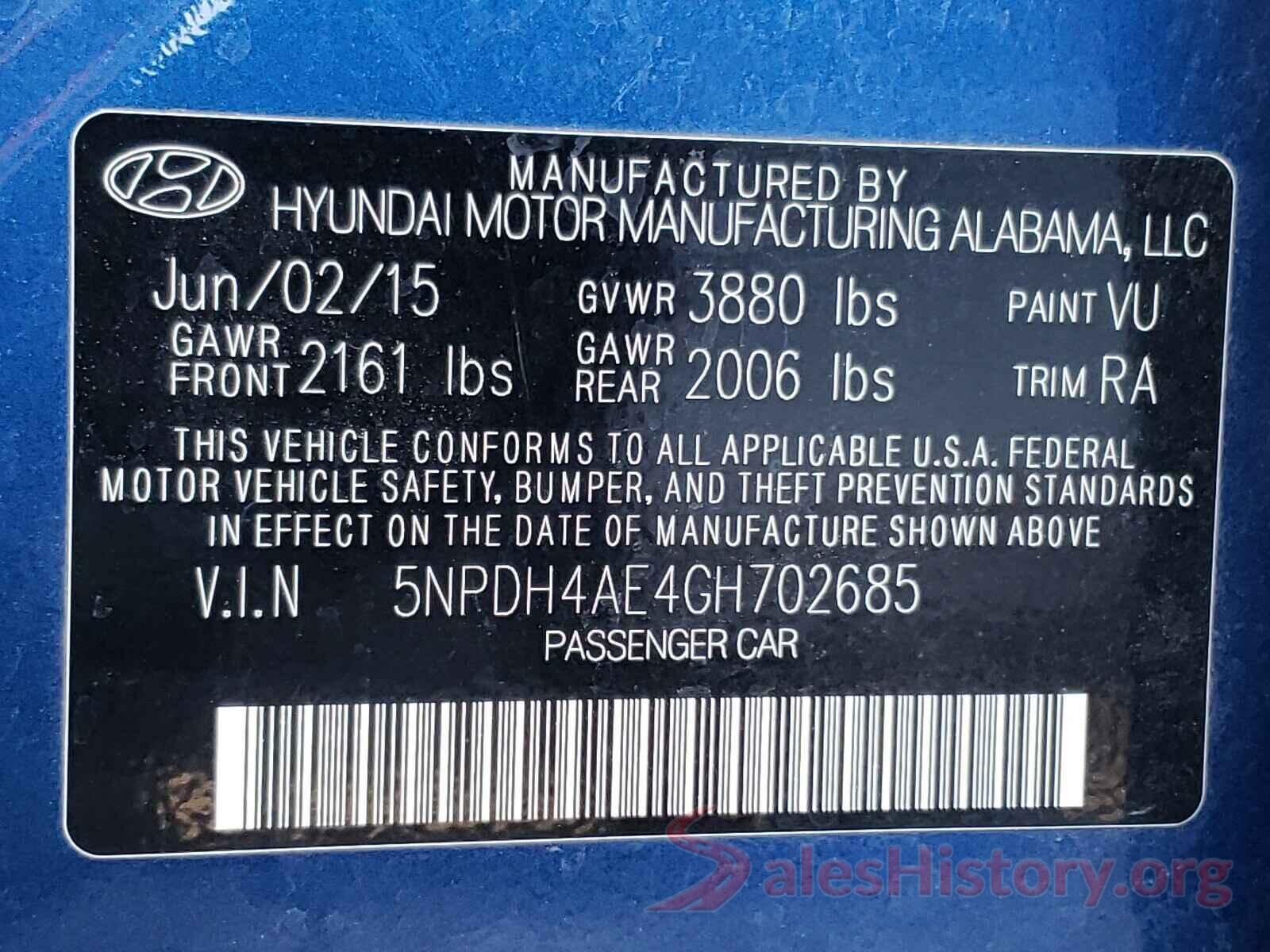 5NPDH4AE4GH702685 2016 HYUNDAI ELANTRA