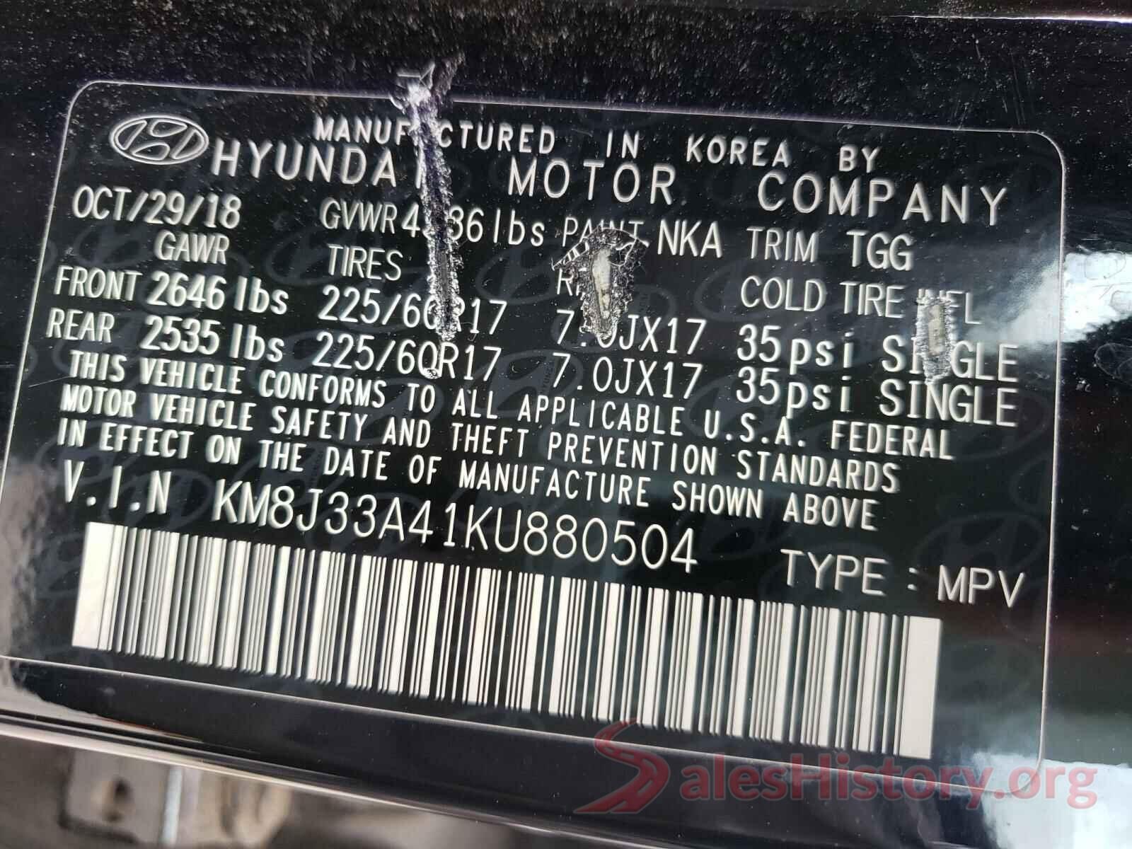 KM8J33A41KU880504 2019 HYUNDAI TUCSON