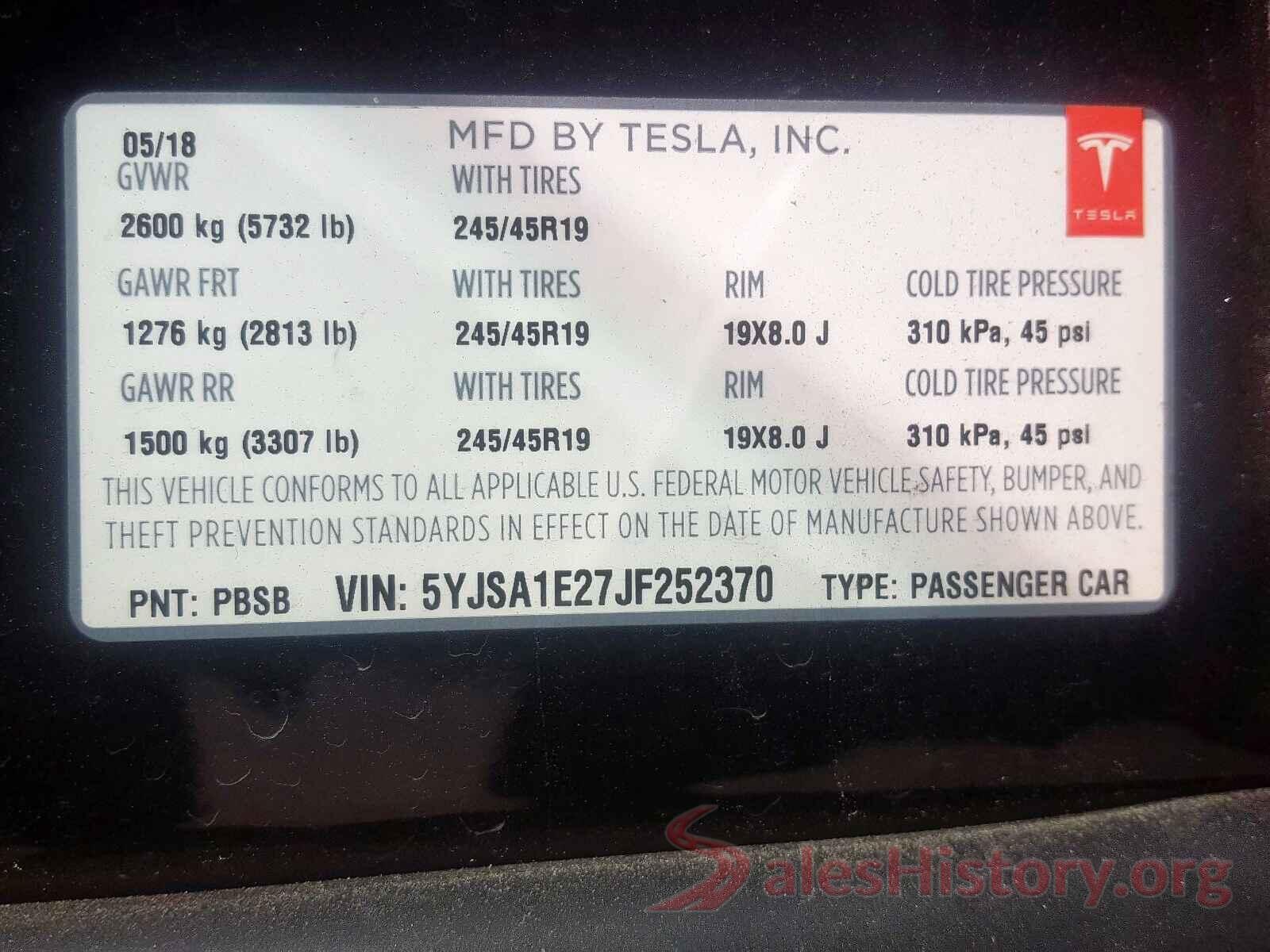 5YJSA1E27JF252370 2018 TESLA MODEL S