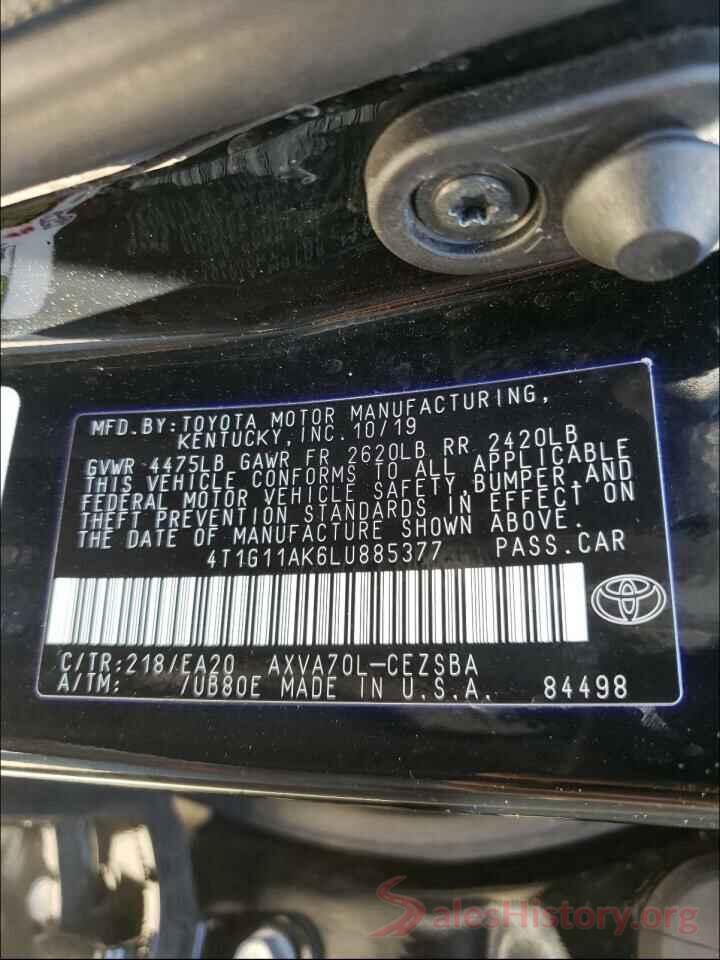 4T1G11AK6LU885377 2020 TOYOTA CAMRY