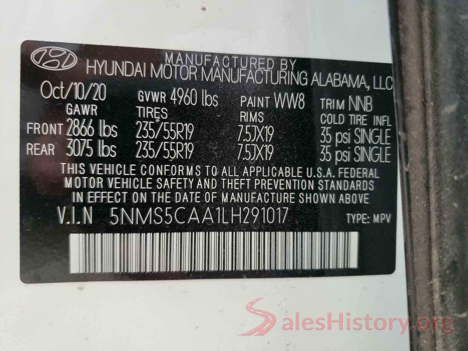 5NMS5CAA1LH291017 2020 HYUNDAI SANTA FE