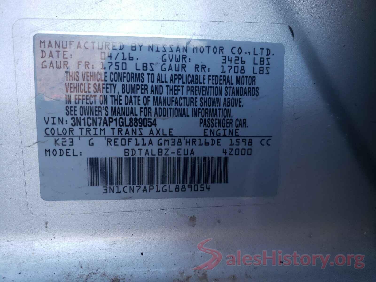 3N1CN7AP1GL889054 2016 NISSAN VERSA