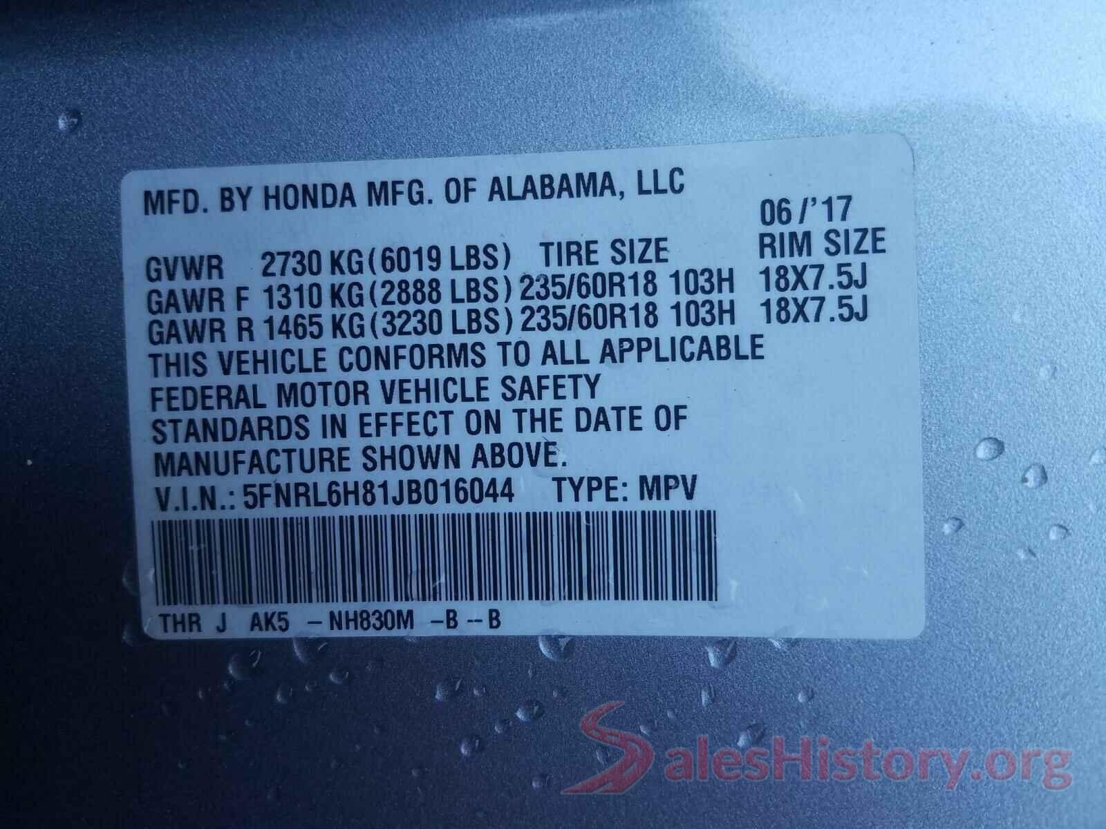 5FNRL6H81JB016044 2018 HONDA ODYSSEY