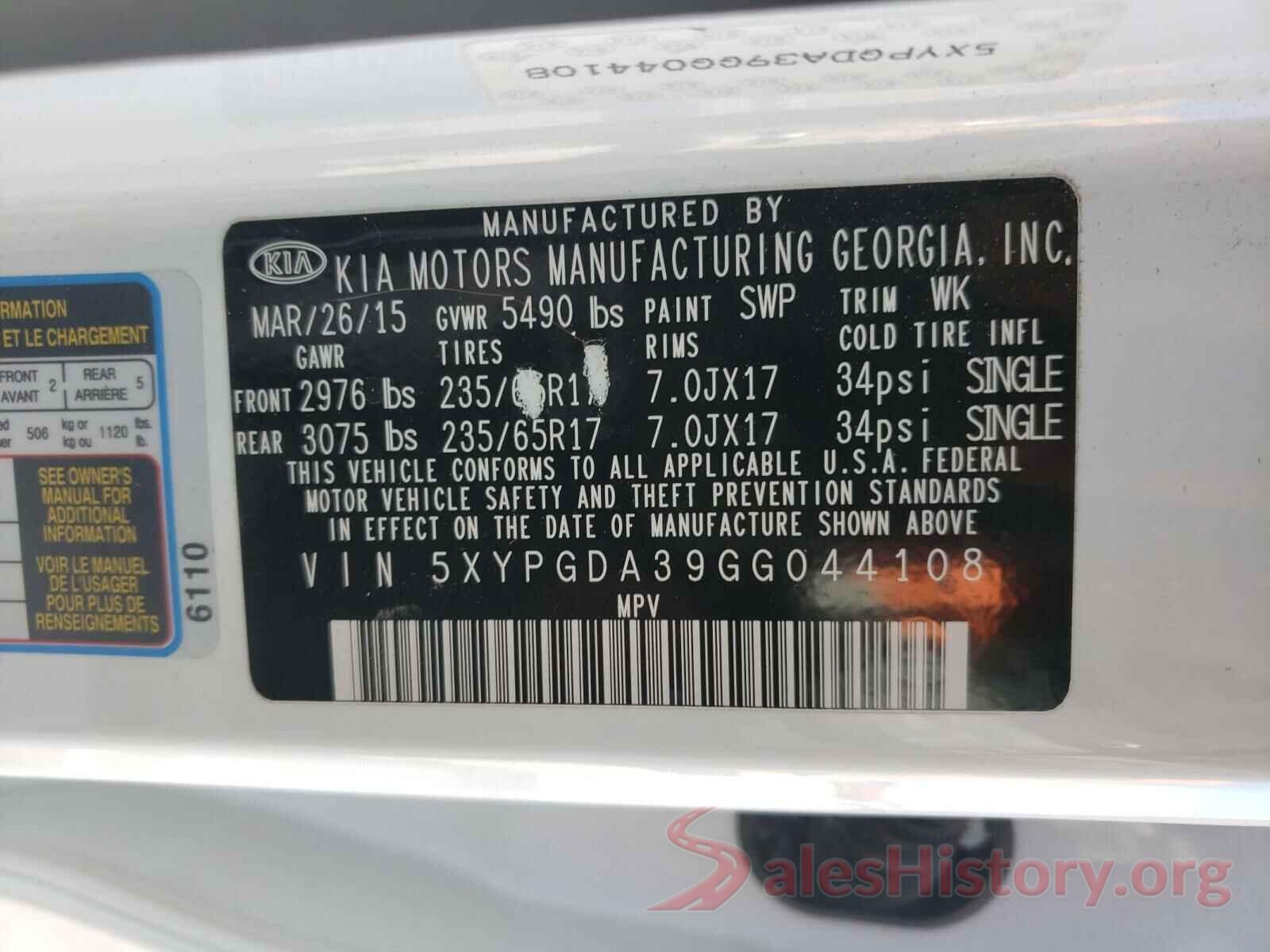 5XYPGDA39GG044108 2016 KIA SORENTO