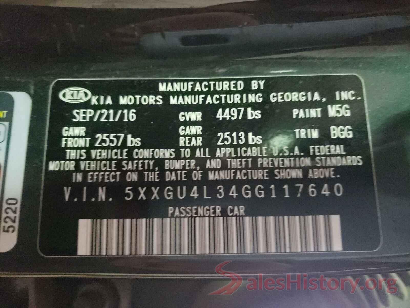 5XXGU4L34GG117640 2016 KIA OPTIMA