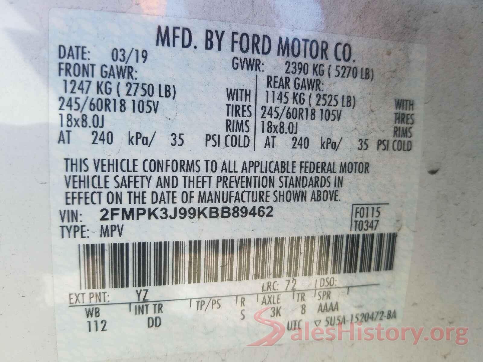 2FMPK3J99KBB89462 2019 FORD EDGE