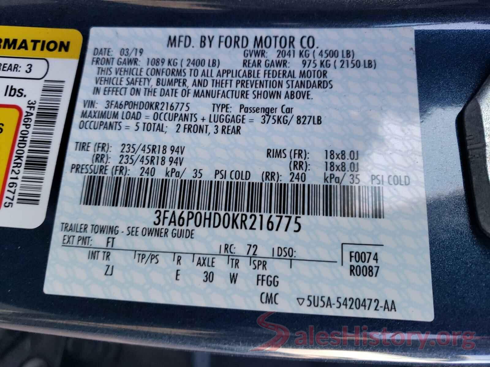 3FA6P0HD0KR216775 2019 FORD FUSION