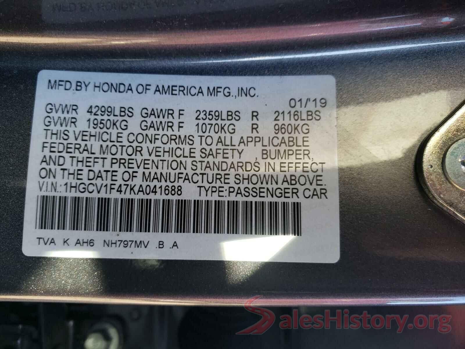 1HGCV1F47KA041688 2019 HONDA ACCORD