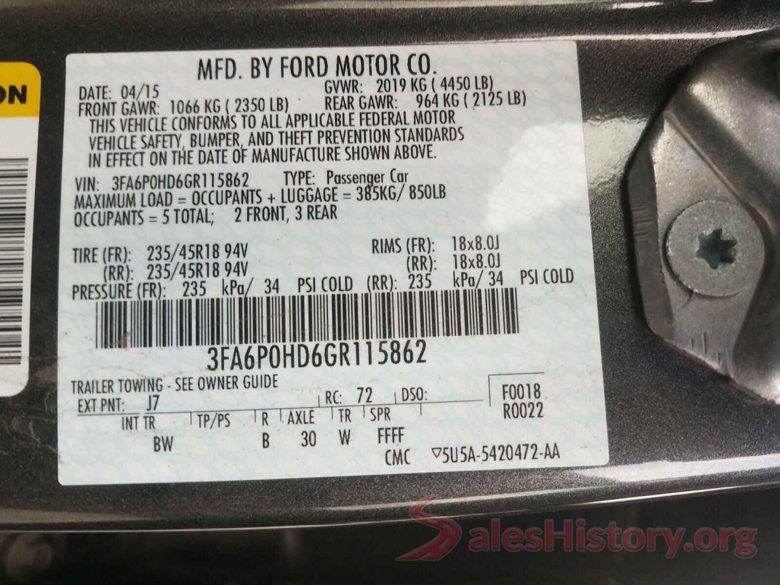 3FA6P0HD6GR115862 2016 FORD FUSION