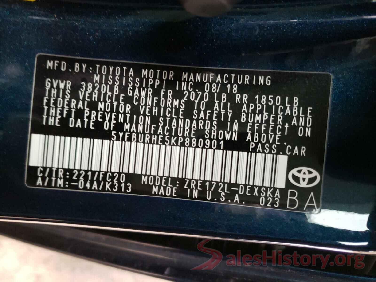 5YFBURHE5KP880901 2019 TOYOTA COROLLA