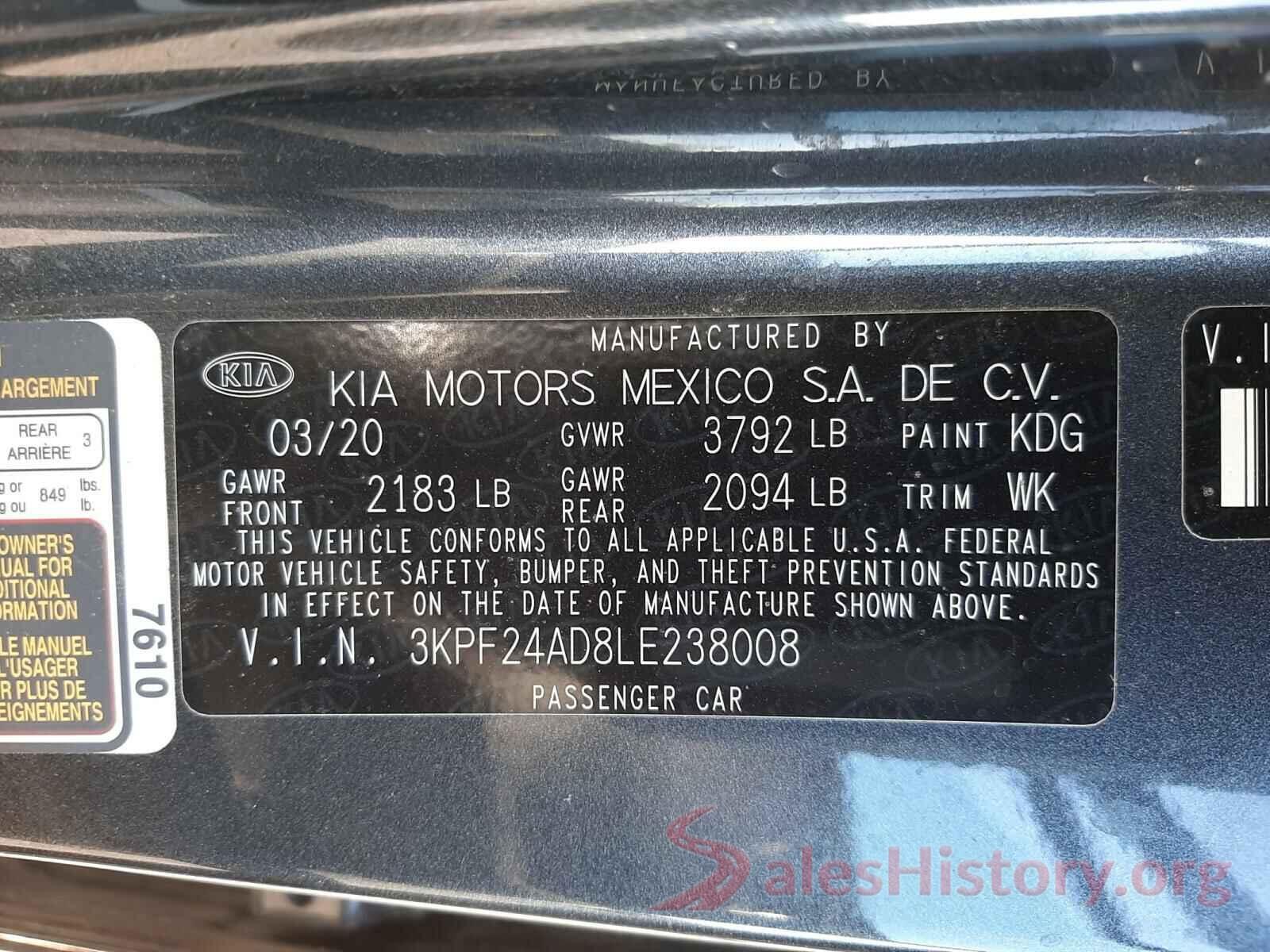 3KPF24AD8LE238008 2020 KIA FORTE