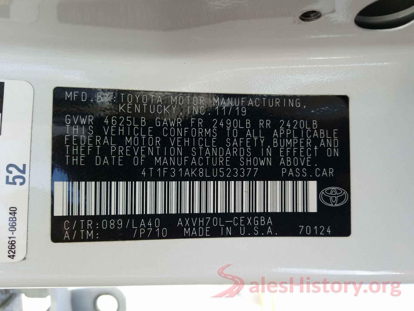 4T1F31AK8LU523377 2020 TOYOTA CAMRY