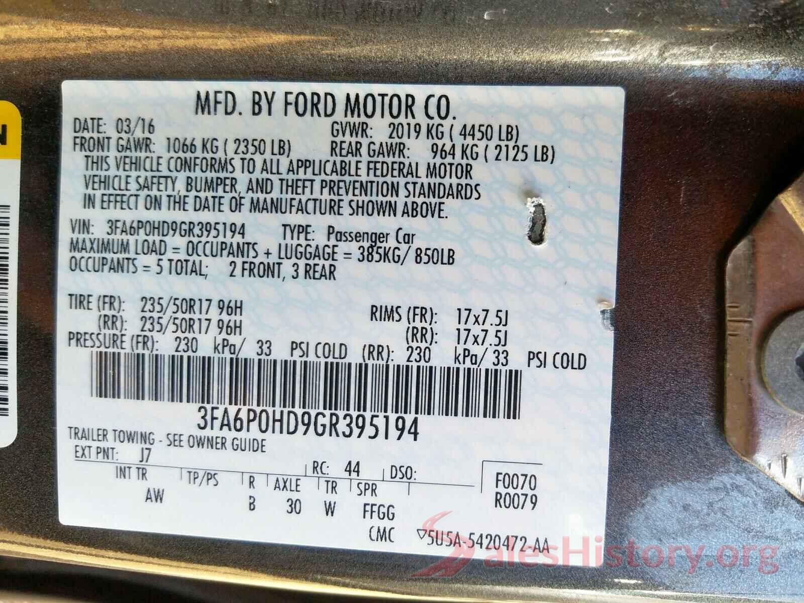 3FA6P0HD9GR395194 2016 FORD FUSION