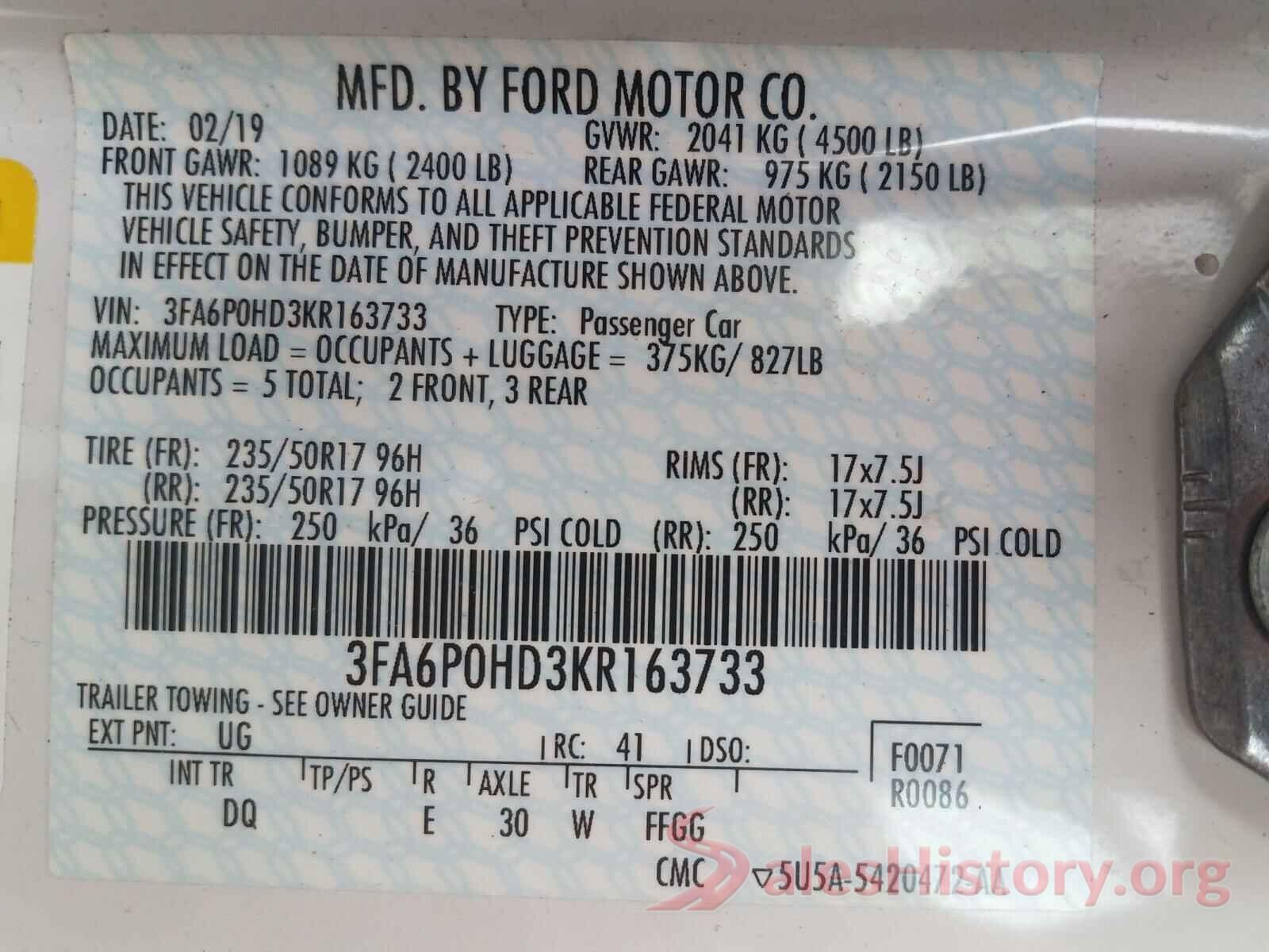 3FA6P0HD3KR163733 2019 FORD FUSION