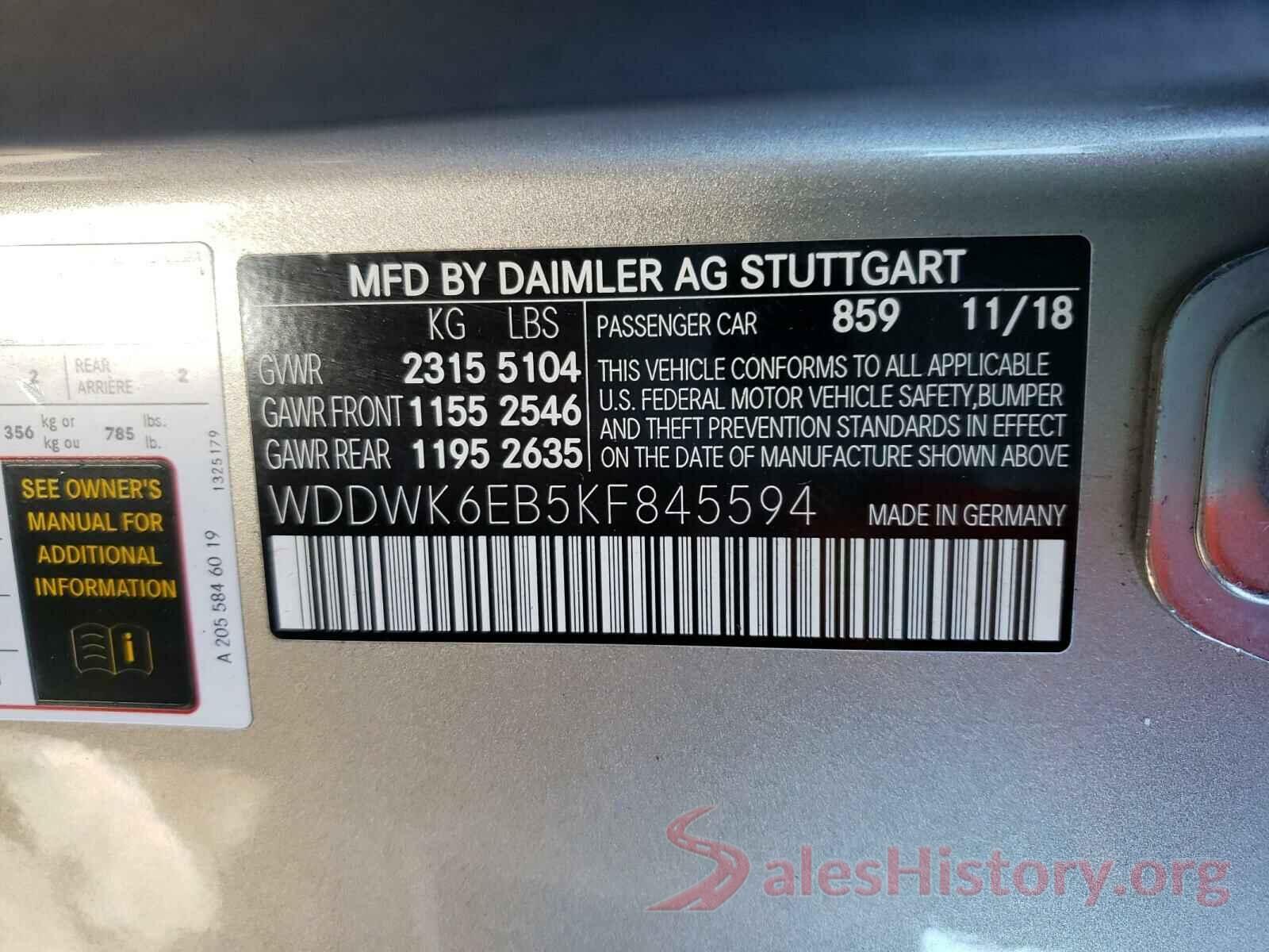 WDDWK6EB5KF845594 2019 MERCEDES-BENZ C CLASS