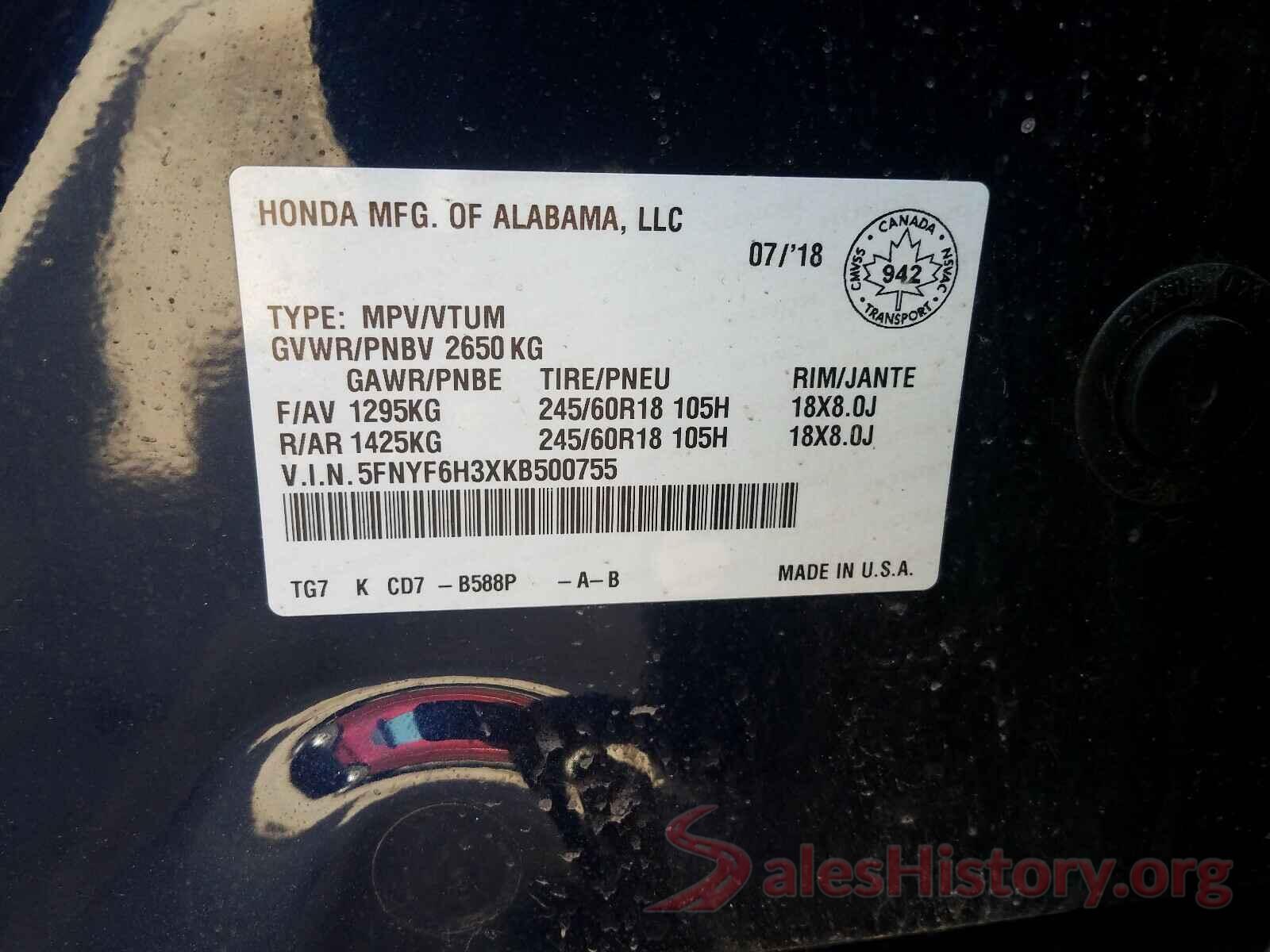 5FNYF6H3XKB500755 2019 HONDA PILOT