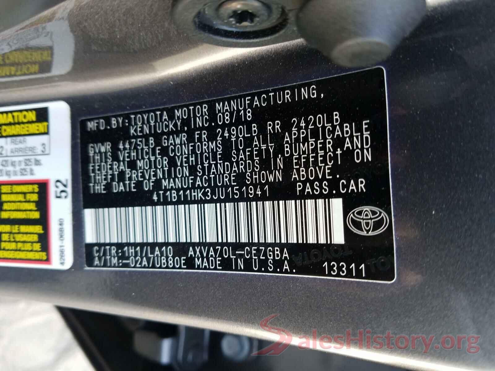 4T1B11HK3JU151941 2018 TOYOTA CAMRY