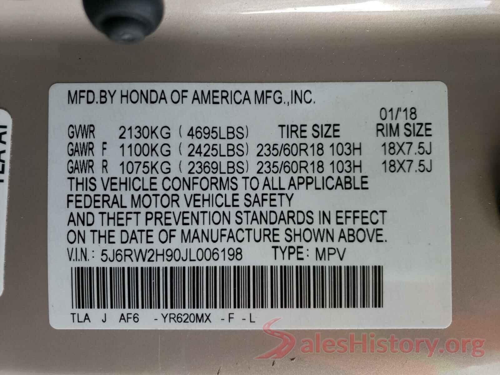 5J6RW2H90JL006198 2018 HONDA CRV