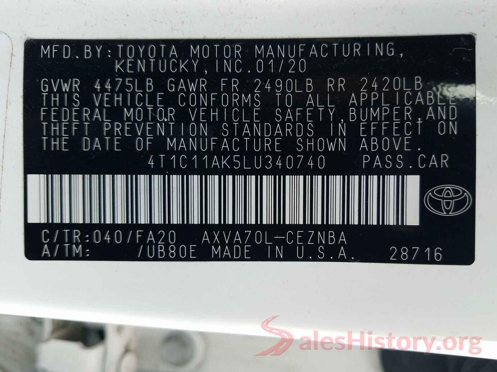 4T1C11AK5LU340740 2020 TOYOTA CAMRY