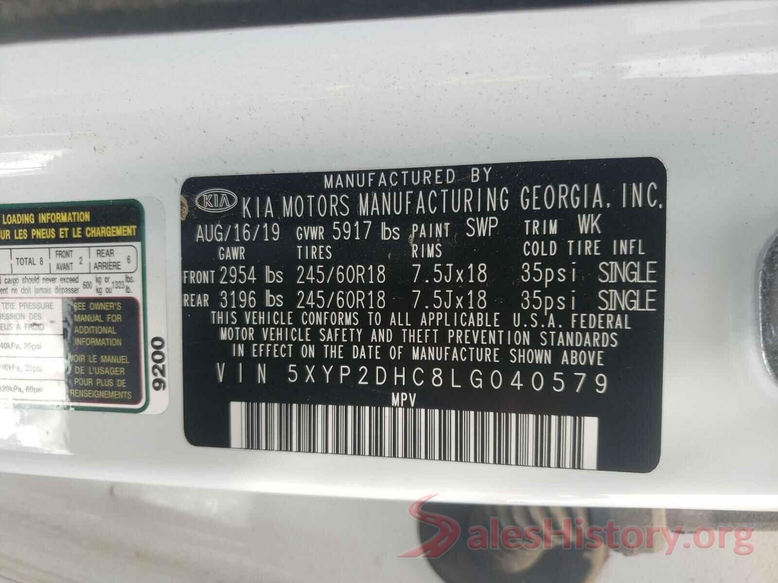 5XYP2DHC8LG040579 2020 KIA TELLURIDE