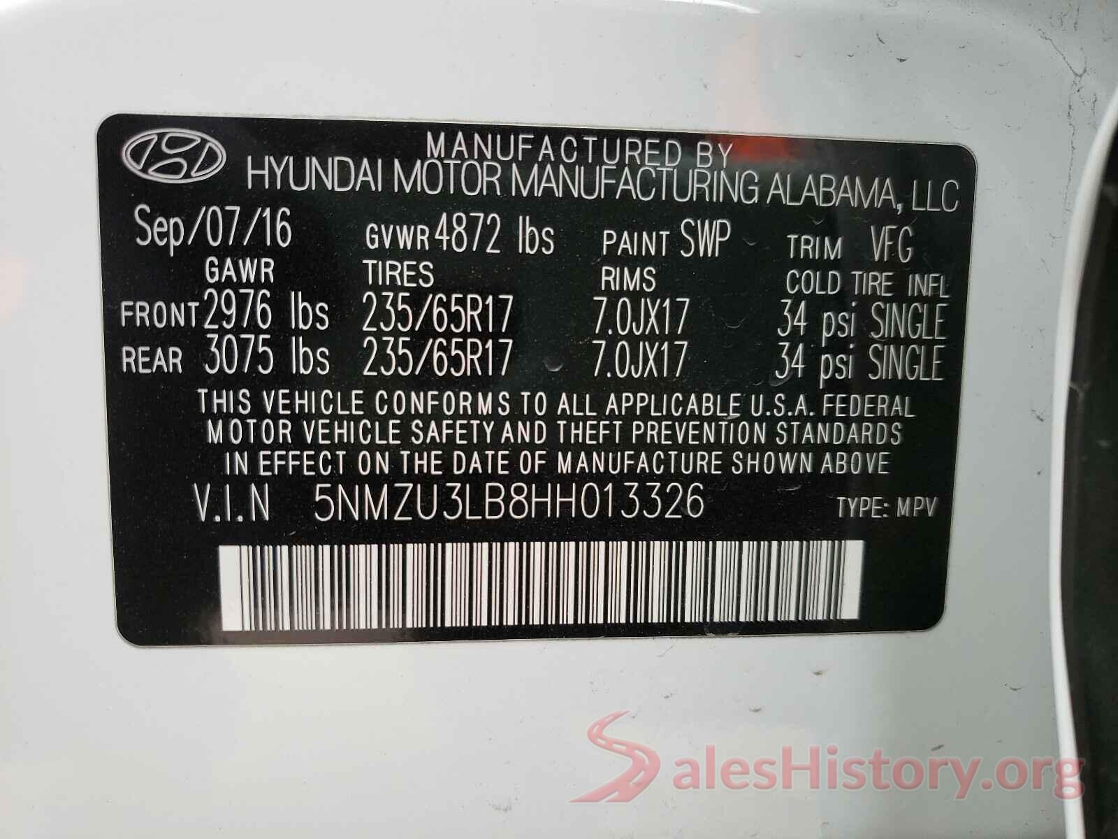 5NMZU3LB8HH013326 2017 HYUNDAI SANTA FE