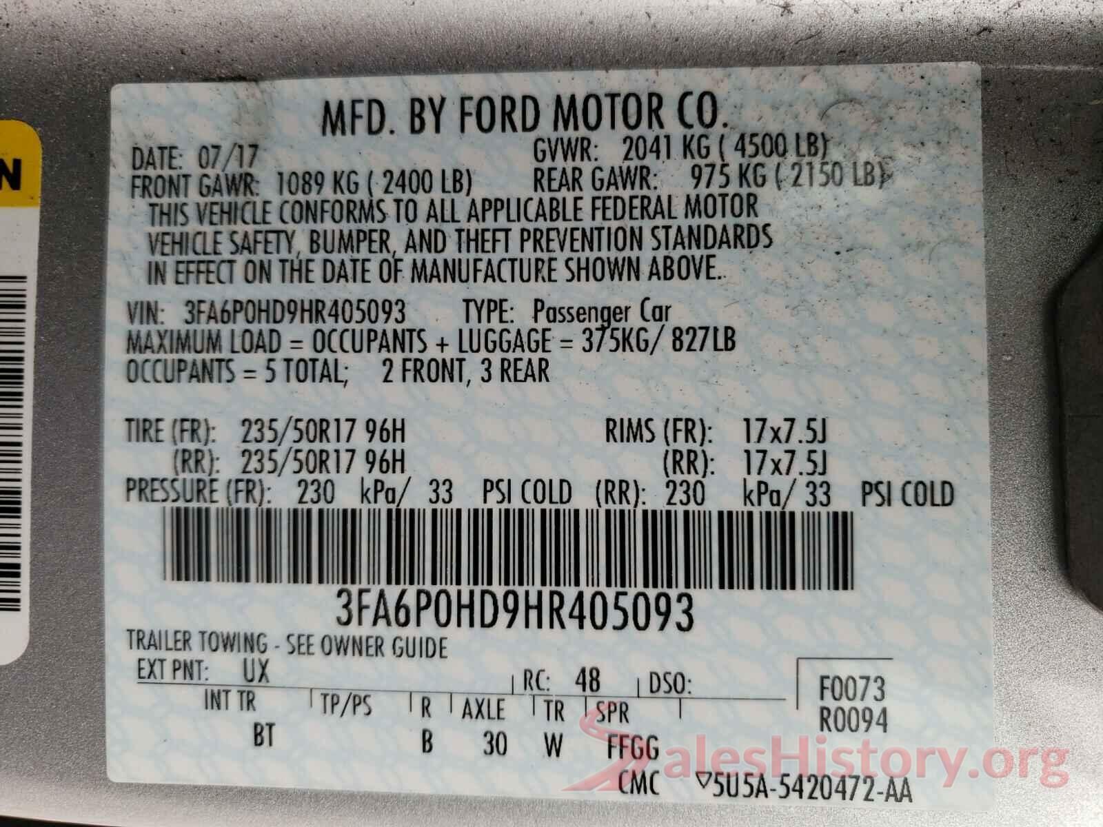 3FA6P0HD9HR405093 2017 FORD FUSION