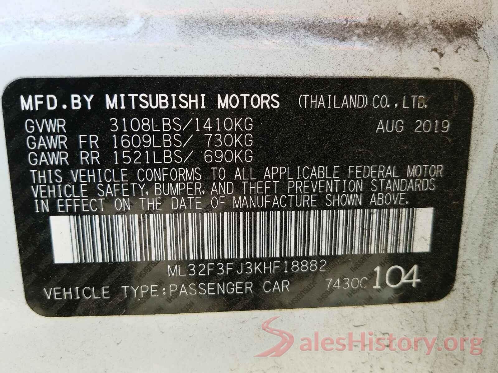 ML32F3FJ3KHF18882 2019 MITSUBISHI MIRAGE