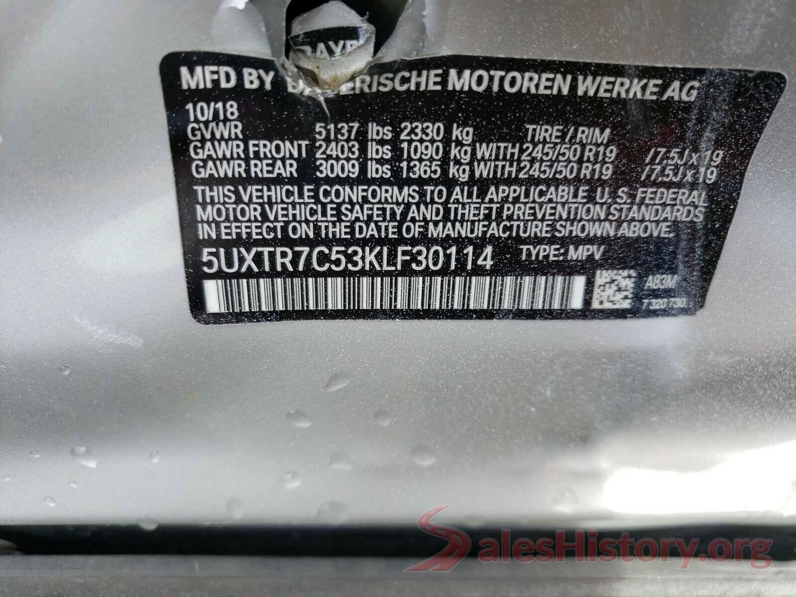 5UXTR7C53KLF30114 2019 BMW X3