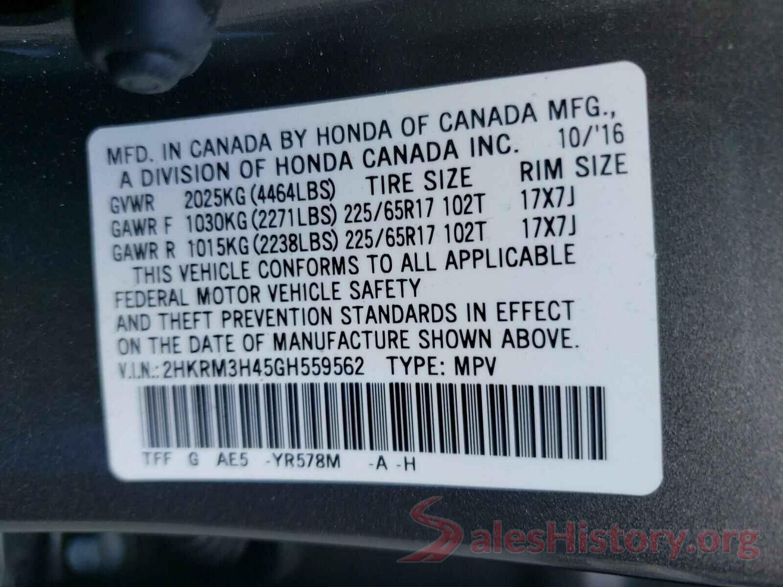 2HKRM3H45GH559562 2016 HONDA CRV