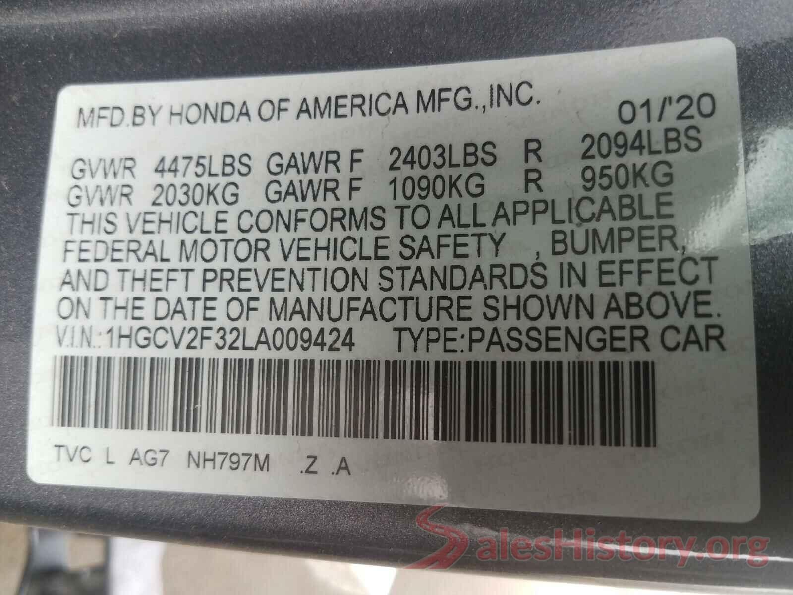 1HGCV2F32LA009424 2020 HONDA ACCORD