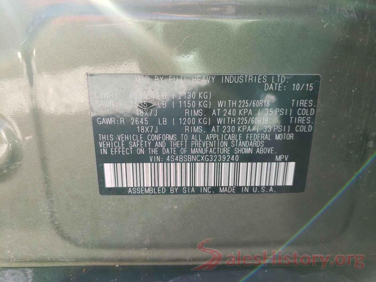 4S4BSBNCXG3239240 2016 SUBARU OUTBACK