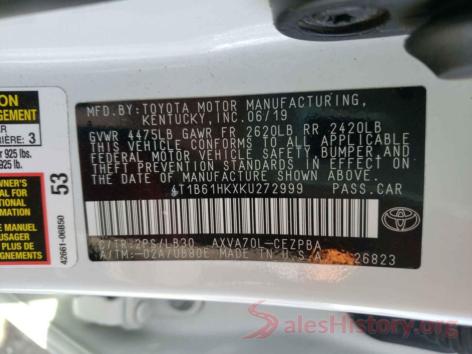 4T1B61HKXKU272999 2019 TOYOTA CAMRY