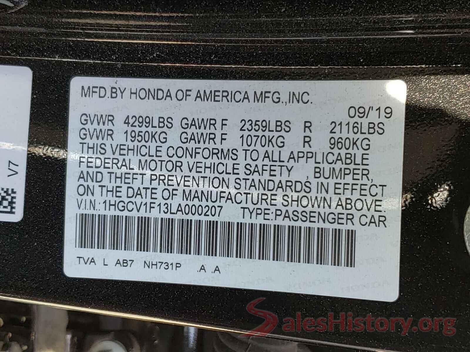 1HGCV1F13LA000207 2020 HONDA ACCORD